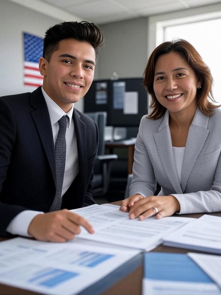 Two professionals, a man and a woman, are sitting at a desk in an office, smiling and reviewing documents together with an American flag visible in the background.